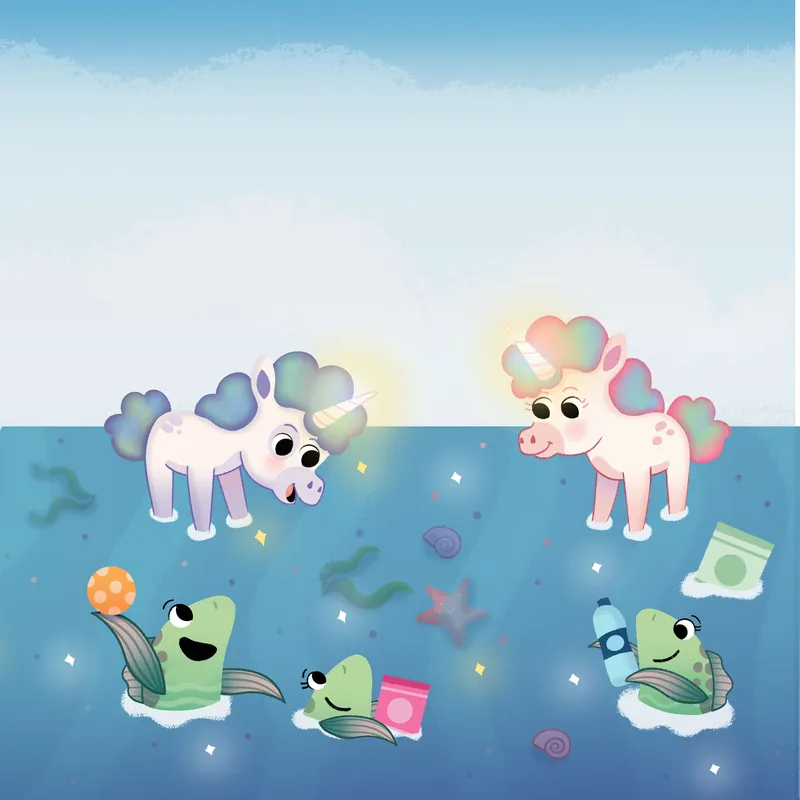 The twin unicorns watching happy fish swim among floating litter